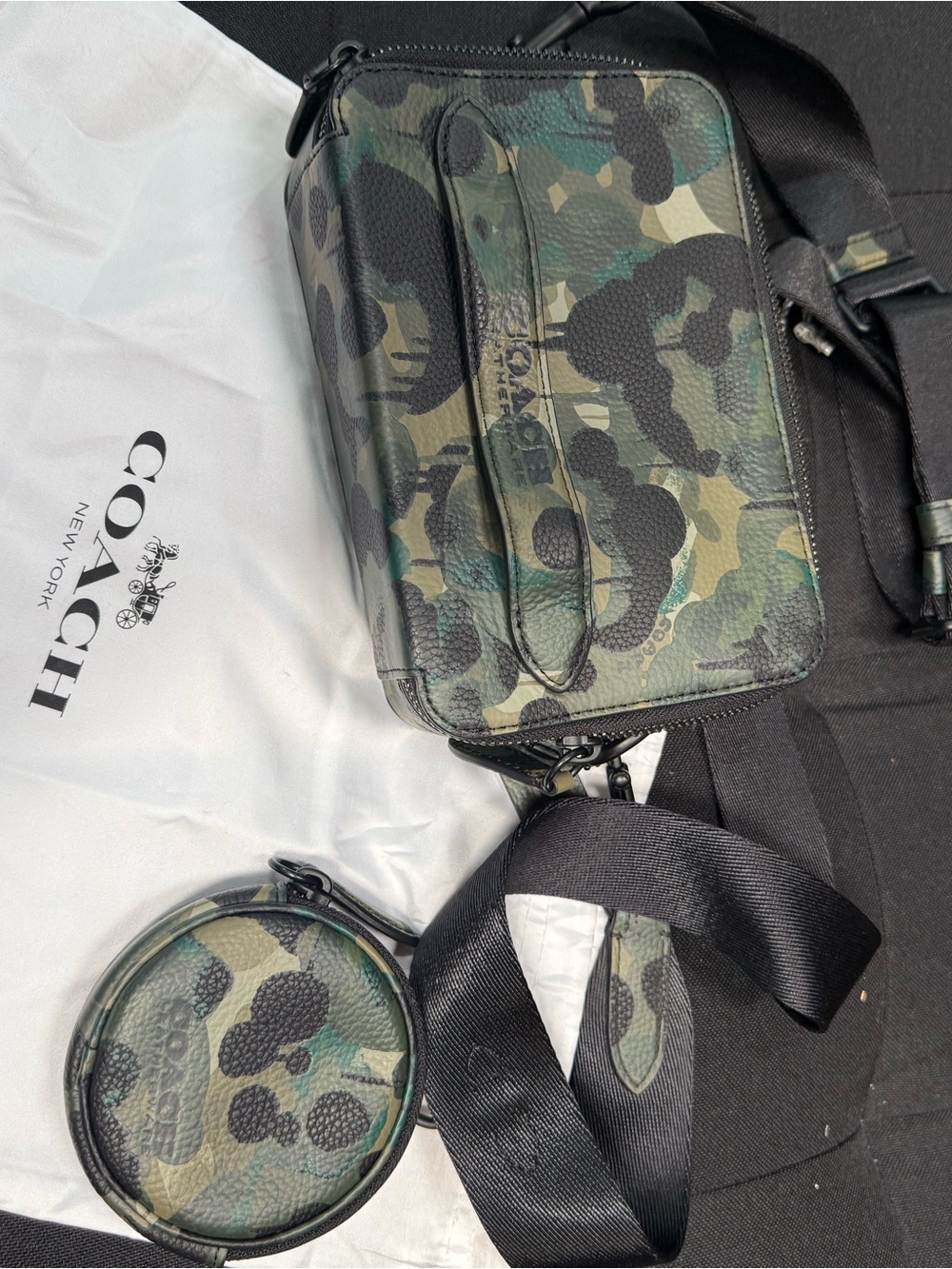 Coach Green Camo Pebbled Leather Crossbody with Round Coin Pouch